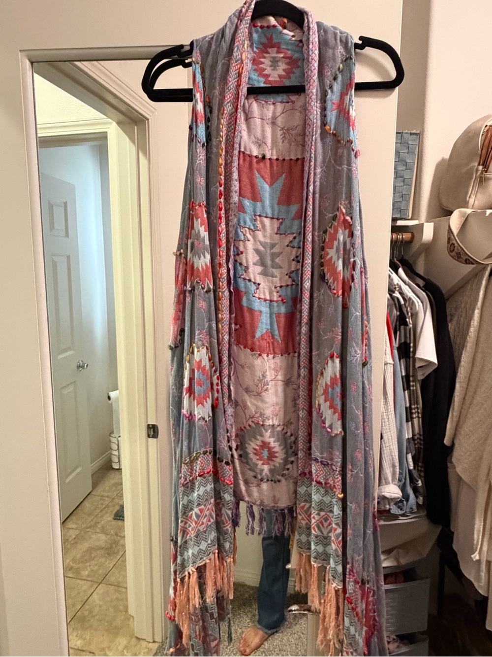 Raj Boho Aztec Fringe Vest in Blue, Coral & Aqua